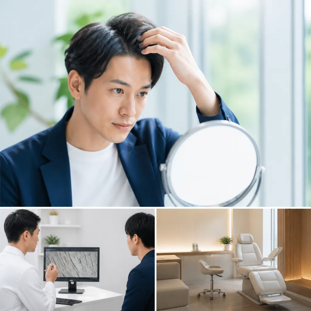 仕事帰りにスマートフォンでAGAクリニックをオンライン予約する男性のイメージ