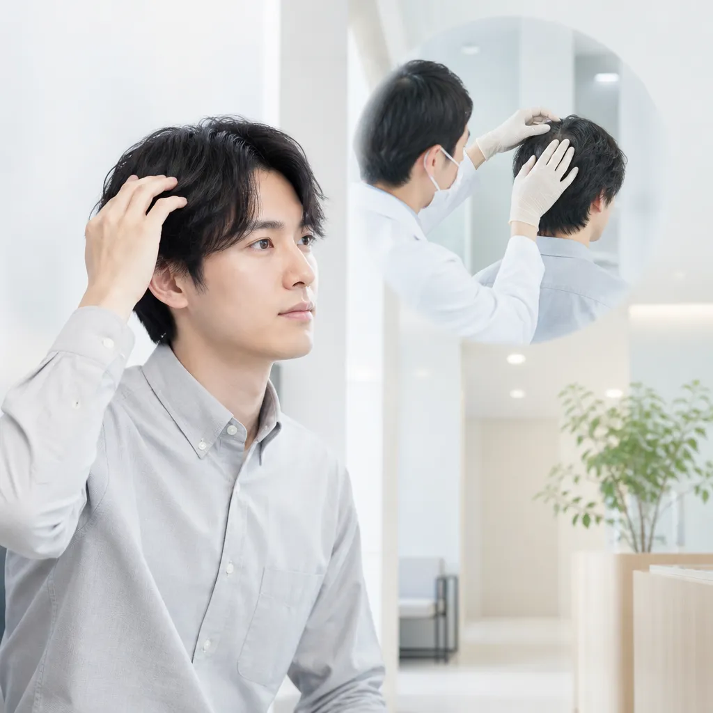 スマートフォンでAGAオンライン診療を受ける20代男性の手元