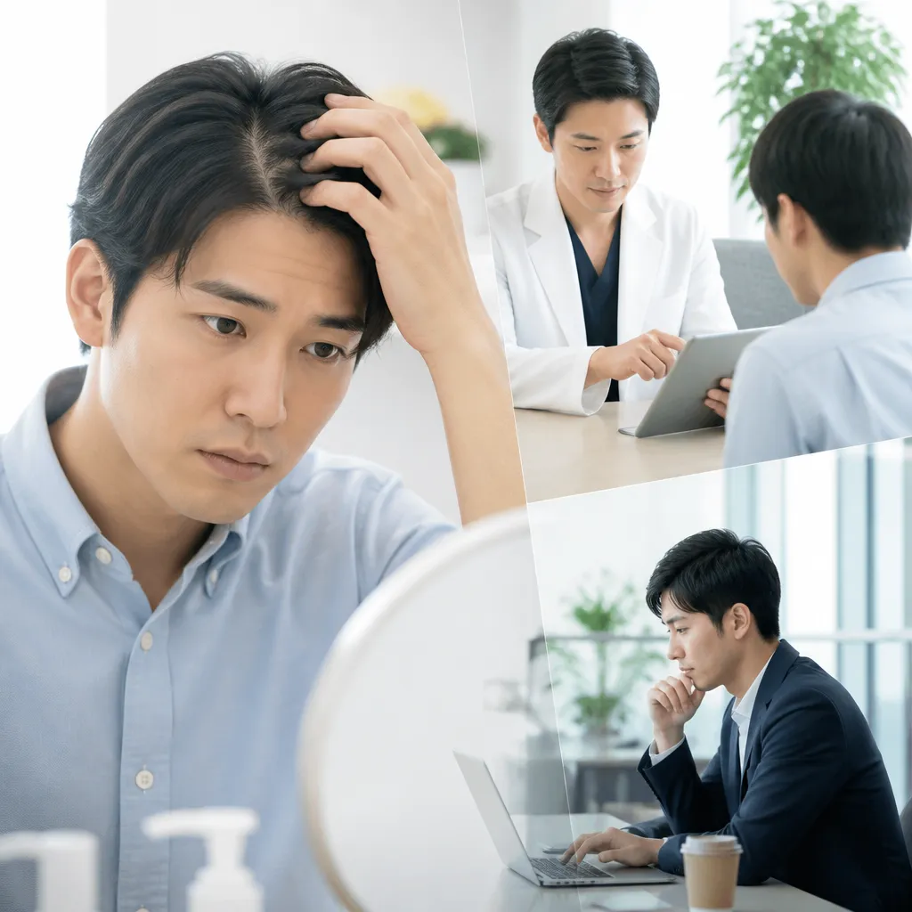 忙しい20代男性がスマートフォンでAGAオンライン診察を受けるイメージ