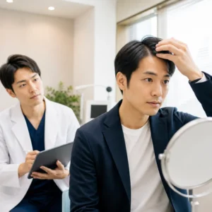 健康診断を前に頭皮の薄毛進行を気にする男性のイメージ、AGA早期発見と治療