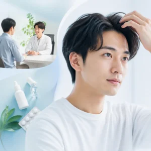 20代男性がAGAクリニックで医師に薄毛治療の相談をしている安心感のある診察風景