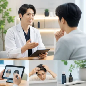 20代男性がAGA治療について医師に相談しているクリニックの診察シーン