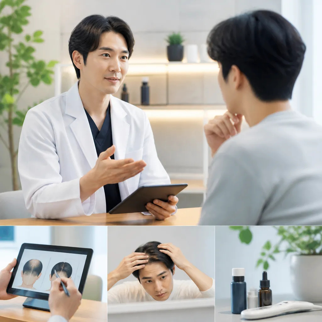 20代男性がAGA治療について医師に相談しているクリニックの診察シーン