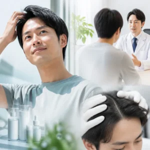 AGAクリニックの清潔感ある診察室で医師が患者に薄毛治療を説明している様子