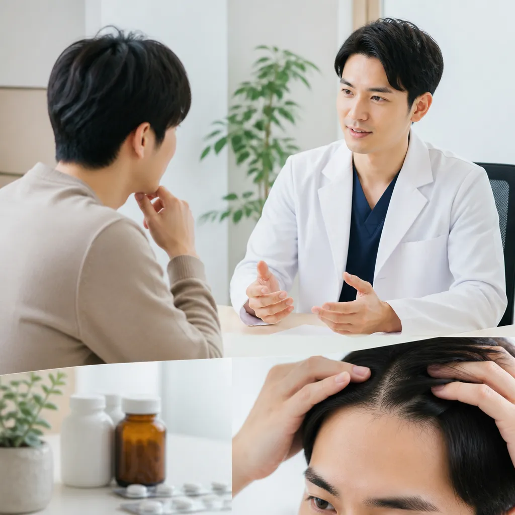 AGA治療クリニックで医師に相談する20代男性の対面診察シーン