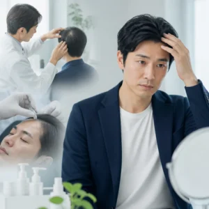 30代男性がAGAクリニックで医師に早期診断を受けている安心感のある診察シーン