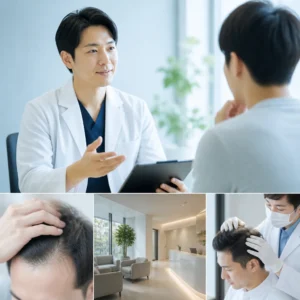 20代男性がAGA治療クリニックで医師に薄毛の初期症状を相談している診察風景
