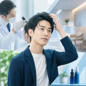 スマートフォンでAGAオンライン診療を受ける忙しい20代男性のイメージ