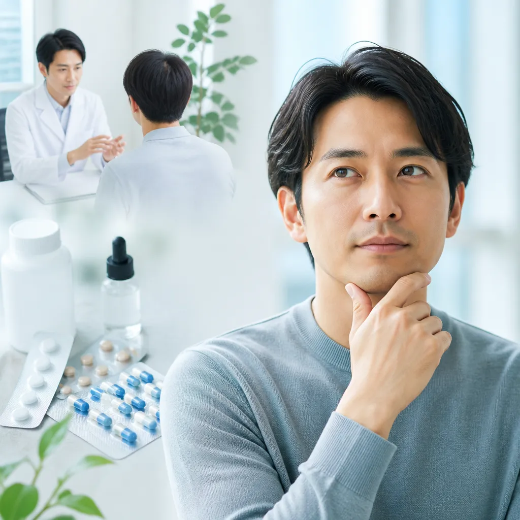 AGA治療の費用を電卓で計算するイメージ、クリニック診察と薬代の総額を確認するシーン