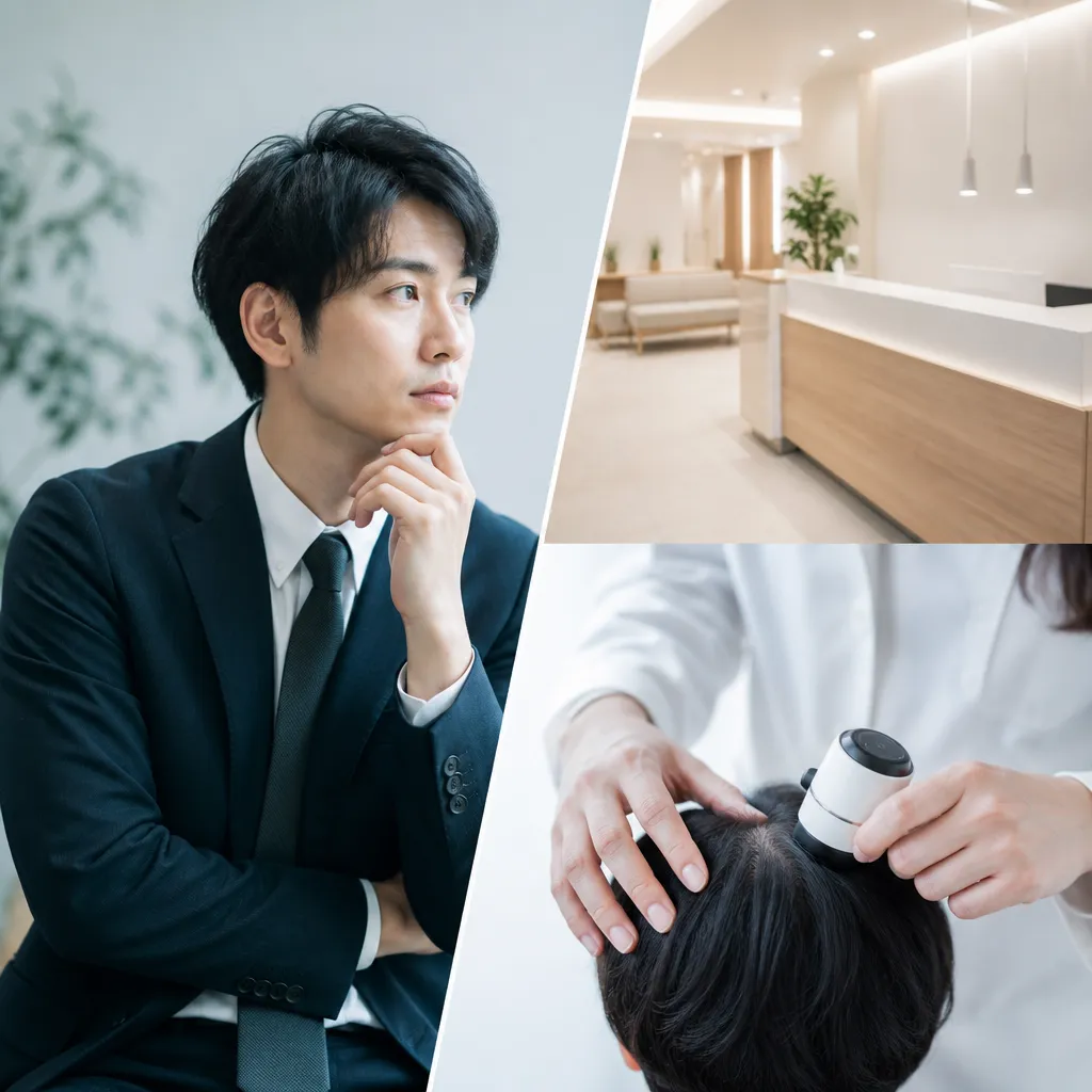 スマートフォンでAGAクリニックを予約する男性の手元と清潔感のあるデスク