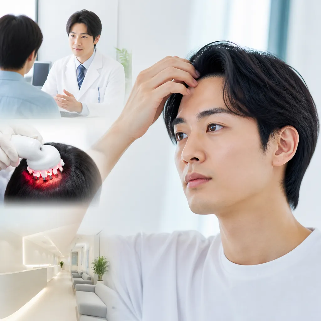 20代男性がAGAクリニックで医師の診察を受けている安心感のある診察室の様子