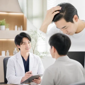AGAクリニックの清潔感ある診察室で医師と向き合う男性患者のイメージ