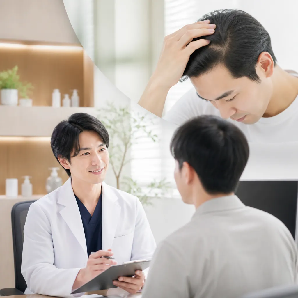 AGAクリニックの清潔感ある診察室で医師と向き合う男性患者のイメージ