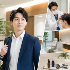 夜間のクリニック受付でAGA治療の相談をする男性のイメージ写真
