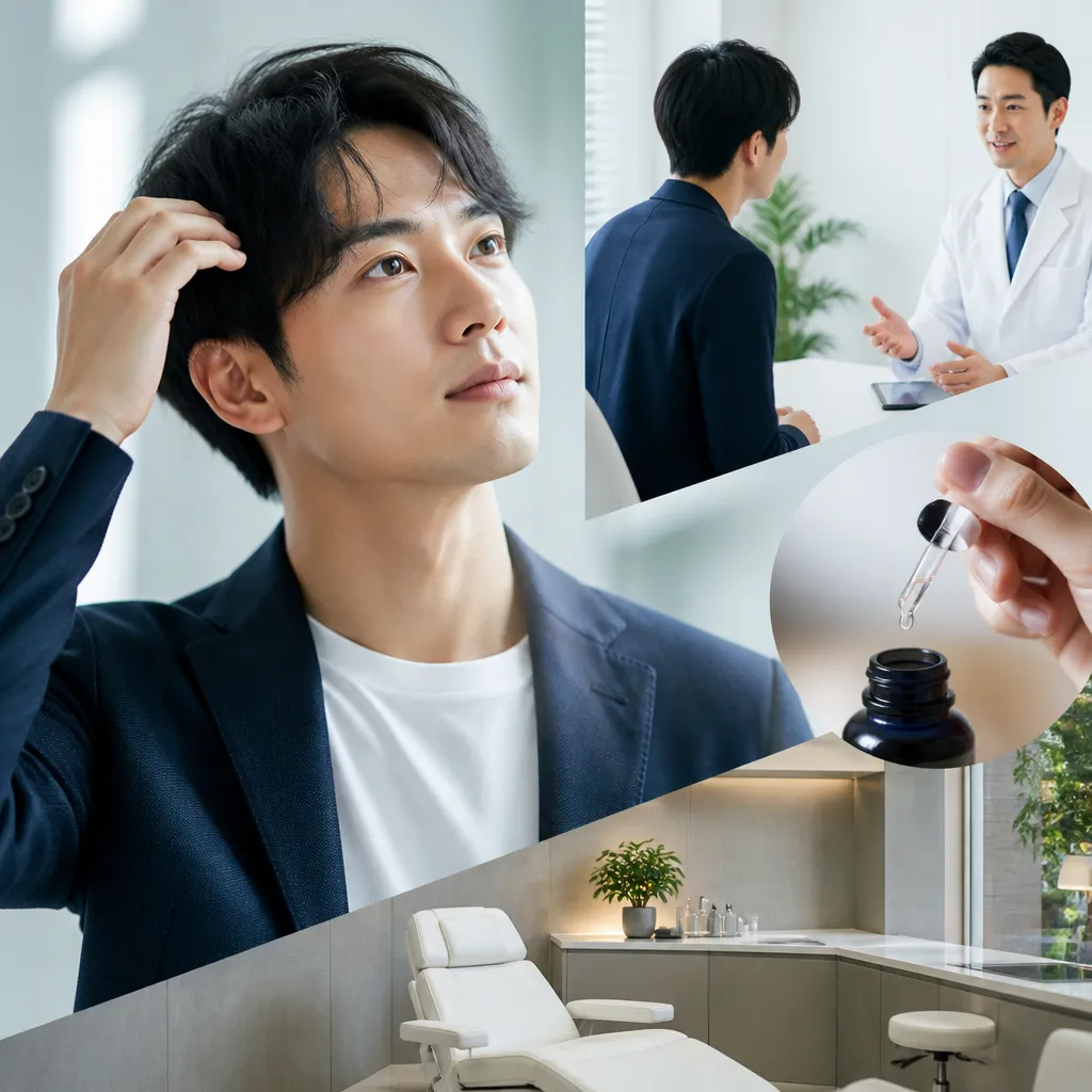 20代男性がAGA治療について医師と相談しているクリニックの診察室の様子
