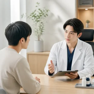 20代男性がAGAクリニックで医師と対面診療を受けている安心感のある診察室の風景