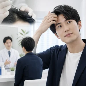 忙しい20代男性がスマートフォンでAGA治療をオンライン相談している様子