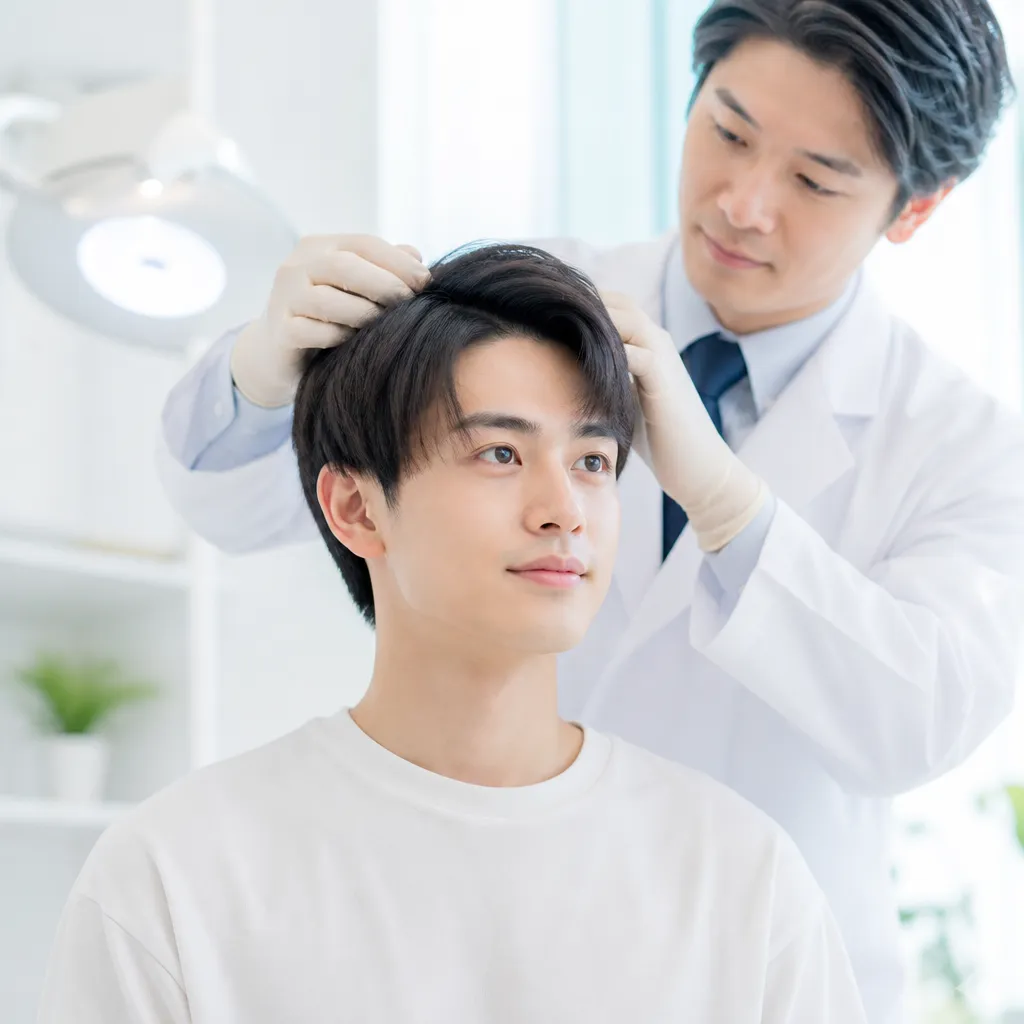 20代男性がAGA治療について医師にオンライン相談している清潔感ある診察イメージ