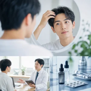 20代男性がAGAクリニックで医師に相談する清潔感のある診察室の様子